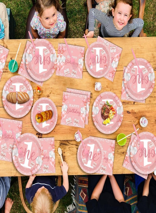 Wiooffen 96 Pcs Girl 1st Party Supplies Pink One Year Old Paper Plates Baby Girl 1st Birthday Decoration Pink DisposableTableware Set Bridal Shower Birthday Party Paper Plate Napkin Fork 24 Guests - Image 5